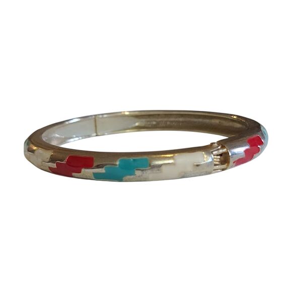 Vintage Silver Tone Hinged Enamel Bracelet Aztec Pattern - Picture 7 of 8